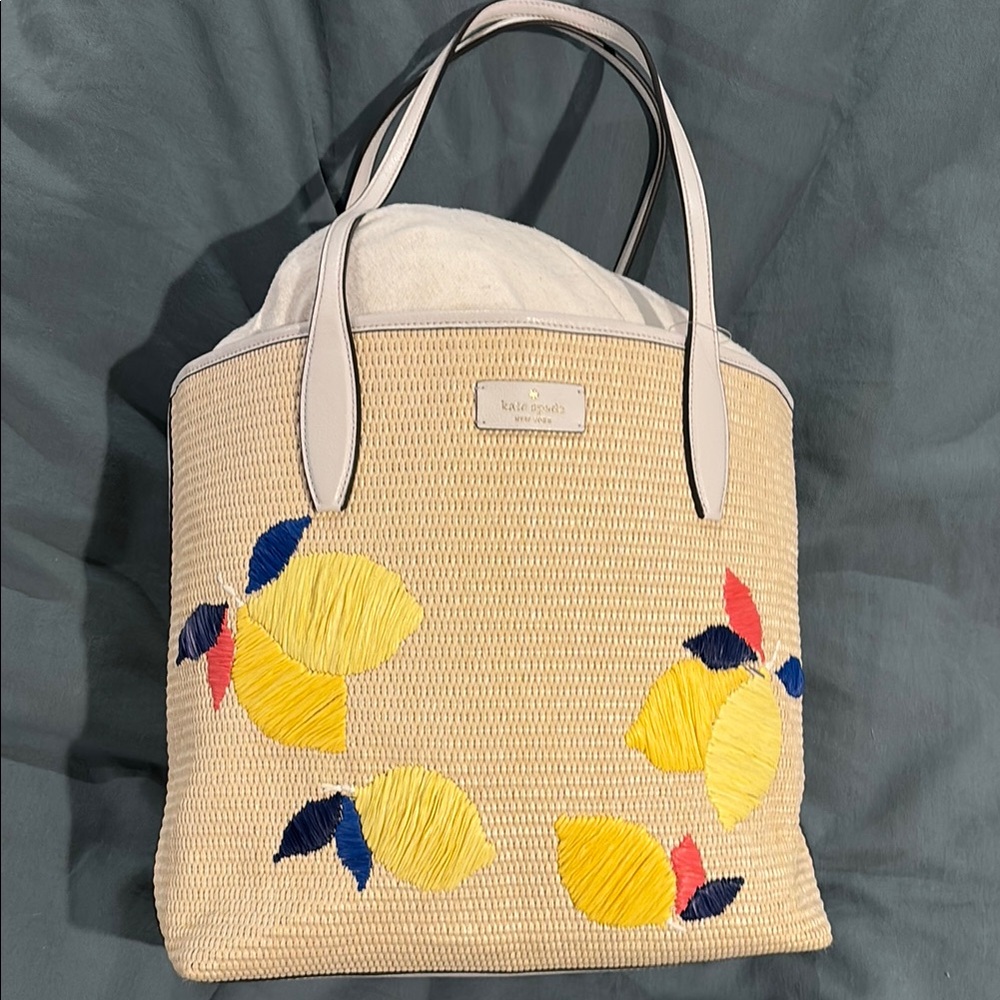 Kate Spade Yellow and Blue Embroidered Straw Tote and wallet